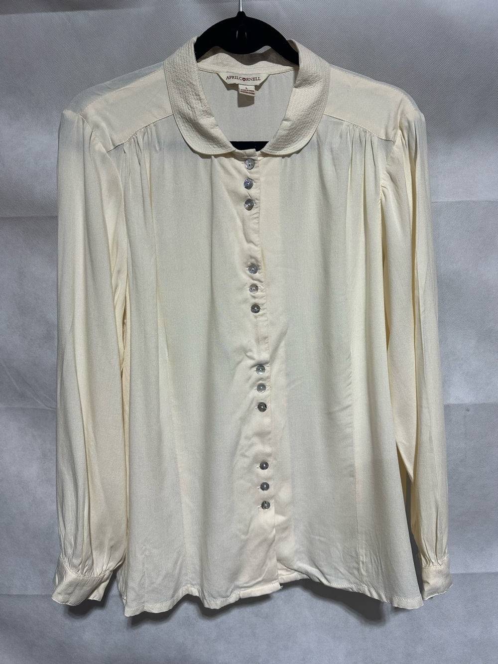 April Cornell Ivory Button Down Blouse Sz L Bishop Sleeve Peter Plan Collar NWOT